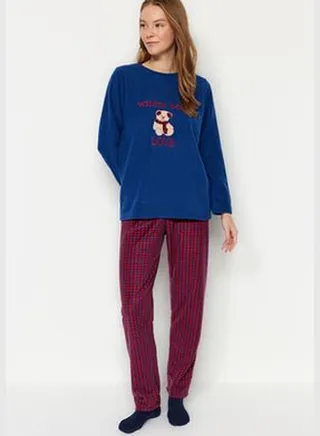 Navy Blue Fleece Heart Pattern Slogan Tshirt-Pants Knitted Pajamas Set THMAW24PT00276