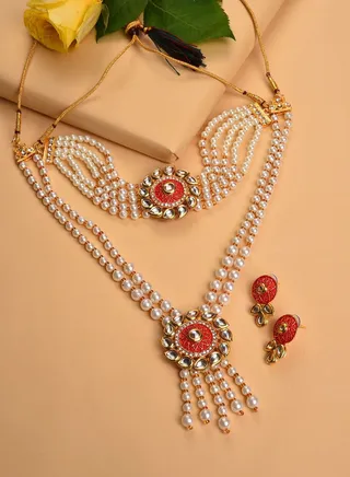 Gold Plated Pearls Necklace, Choker and Earrings