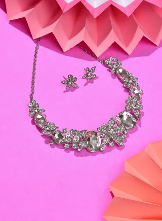 Silver Plated Designer Stone Necklace and Earring Set