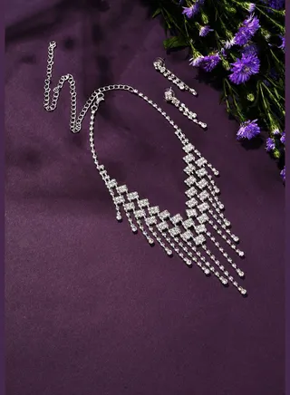 Silver Plated Designer Stone Necklace and Earring Set