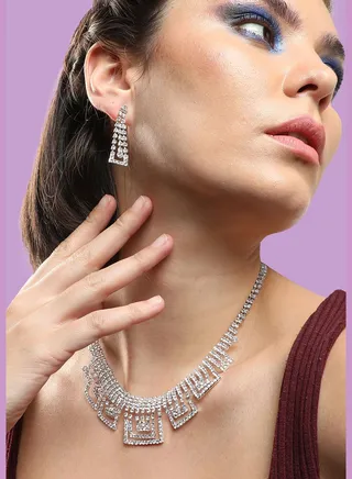 Silver Plated Party Designer Stone Necklace and Earring Set For Women