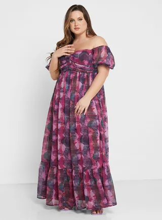 Printed Puff Sleeve Bardot Dress