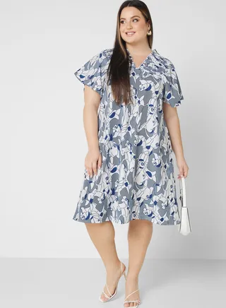 V Neck Detail Printed Dress