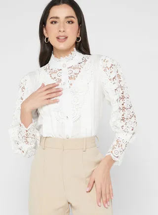 High Neck Lace Detail Cuff Sleeve Blouse