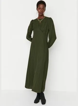 Khaki Checked Crew Neck Woven Dress TCTAW23EB00153