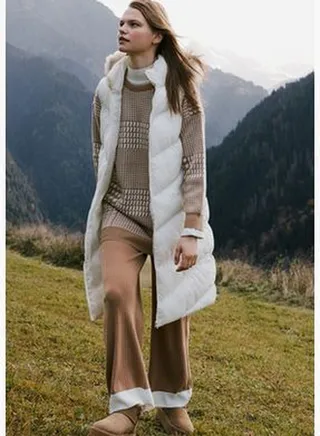 Ecru Hooded Quilted Puffer Long Vest TCTAW24YL00007