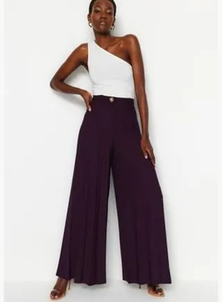 Plum Extra Wide Leg Pleated Woven Trousers
