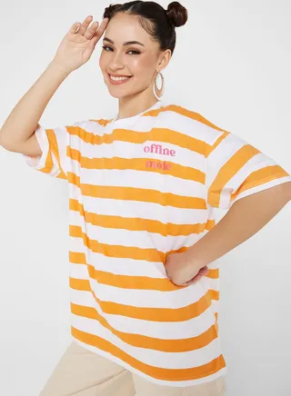 Wide Fit Graphic Cropped Striped T-Shirt
