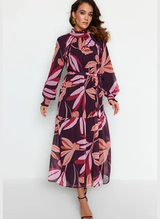 Multicolored Floral Patterned Chiffon Woven Dress with Belted and Lined TCTAW24EB00102.