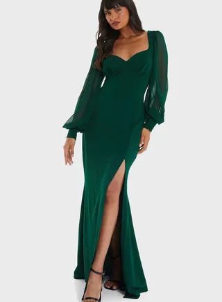 Balloon Sleeve Side Slit Dress