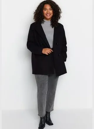 Black Double Closed Standing Collar Coat