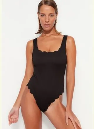 Black Square Collar Laser Cut, Textured Regular Leg Swimsuit TBESS23MA00341