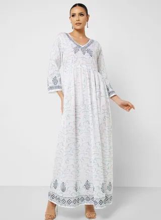 Printed V-Neck Jalabiya