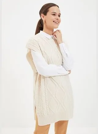 Beige Tie Waist Knitwear Sweater with braids TCTAW22UV0018