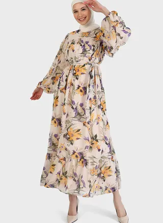 Floral Print Balloon Sleeve Tiered Dress