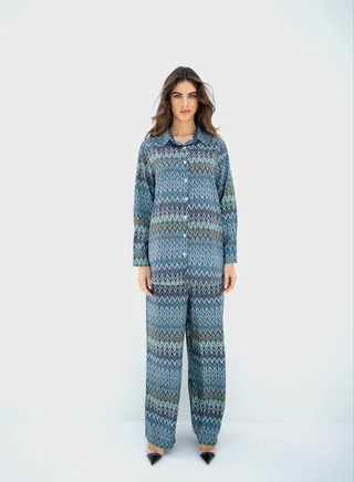 Printed Button Down Shirt And High Waist Pants Set
