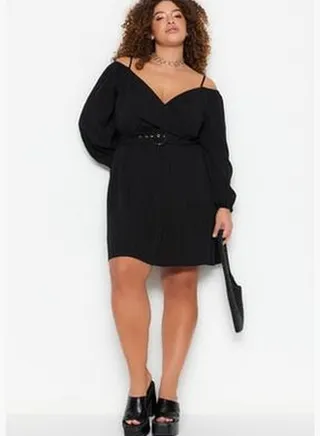 Black Woven Dress with a Belt, Double Breasted TBBSS23AH00206