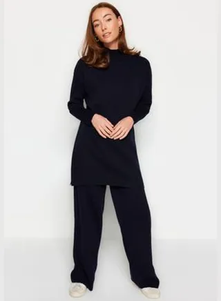 Dark Navy Blue Slit Wide Leg Knitwear Two Piece Set TCTAW24US00028