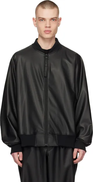 N.Hoolywood Black Zip-Up Faux-Leather Bomber Jacket