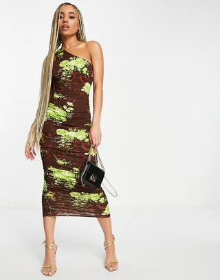 ASOS DESIGN One shoulder ruched lace up back midi dress in chocolate lime floral print