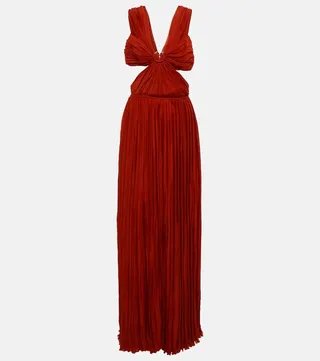 Cutout pleated silk chiffon gown