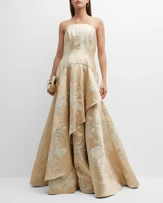 Strapless Drop-Waist Metallic Jacquard Gown