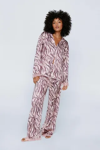 Nasty Gal Womens Satin Zebra Print Contrast Lace Pajama Shirt and Pants Set