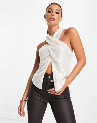 ASOS DESIGN wrap halter cami in crystal sequin