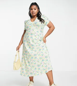 ASOS DESIGN Curve short sleeve midi tea dress with ruched bust in pastel floral
