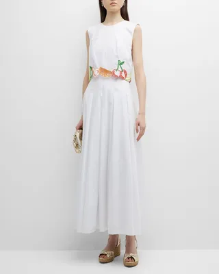 Pleated Midi Dress with Fruit Embroidery