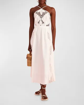Embroidered Linen Tie-Back Halter Midi Dress