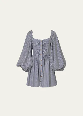 Striped Puff-Sleeve Button-Front Bustier Mini Dress