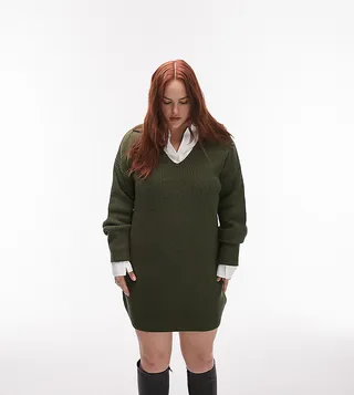 Topshop Curve knitted chuck on collar dress in khaki