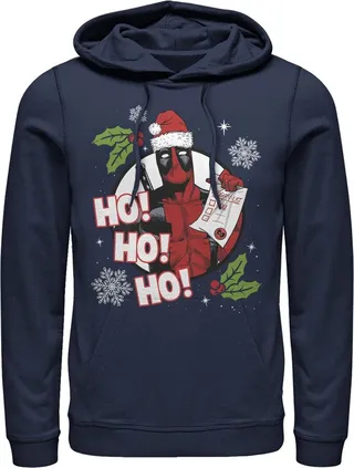 Men's Marvel Deadpool Santa Naughty List Holiday Pull Over Hoodie - Navy Blue - Large