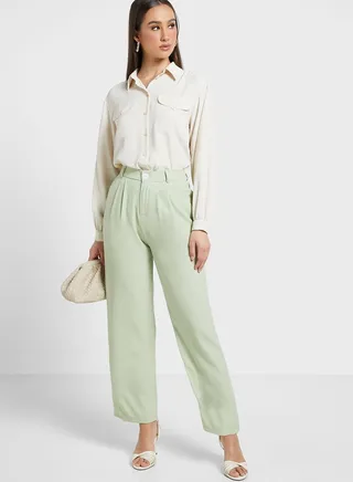 Plicated Detail High Waist Pants