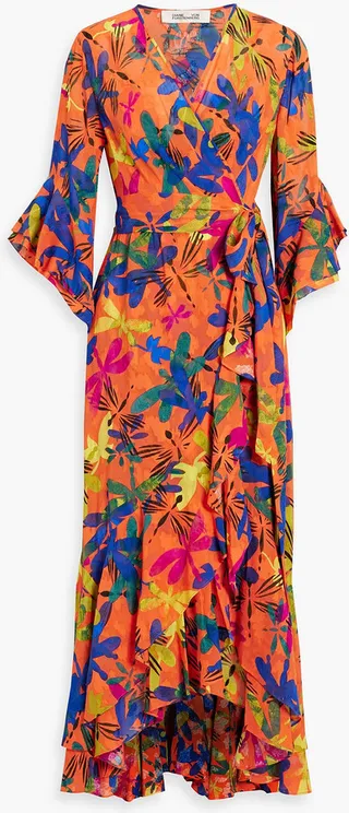 Jean ruffled printed jacquard midi wrap dress