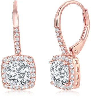 14K Rose Gold Plated Sterling Silver Princess-Cut CZ Halo Drop Earrings