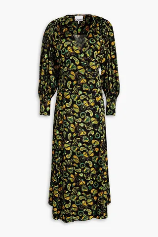 Gathered paisley-print satin-twill midi wrap dress