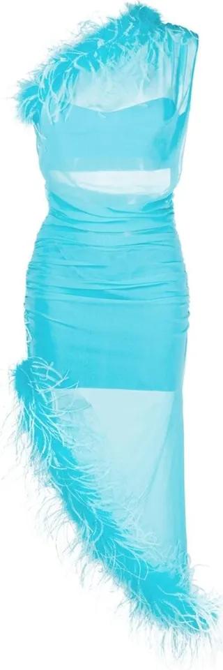 Feather-Detail Asymmetric Dress