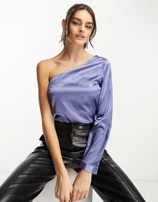 Vila one shoulder satin top in blue