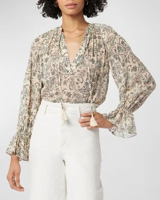 Cecarina Split-Neck Tassel Silk Top