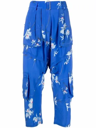 Floral-Print Cropped Silk Trousers
