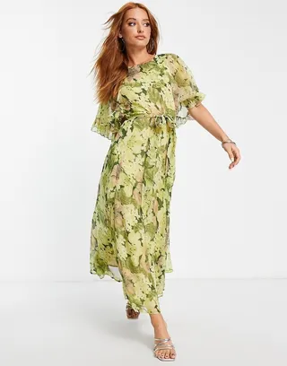 Topshop ruffle belted floral occasion midi dress in green