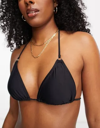 Stradivarius shiny triangle bikini top in black