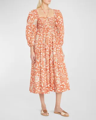 Alessa Puff-Sleeve Floral Poplin Cutout Midi Dress