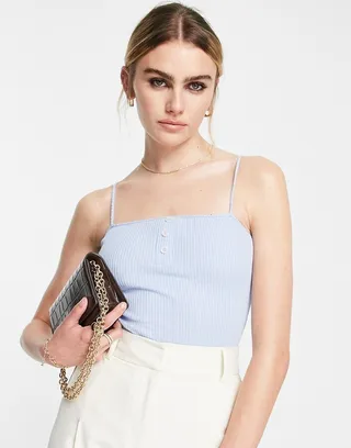 ASOS DESIGN strappy bodysuit in rib button detail in blue heather