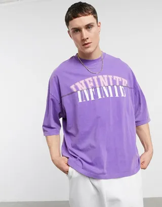 ASOS DESIGN oversized T-shirt in washed purple with front text & seam detail - PURPLE