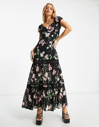ASOS DESIGN pintuck maxi dress with lace inserts in floral embroidery
