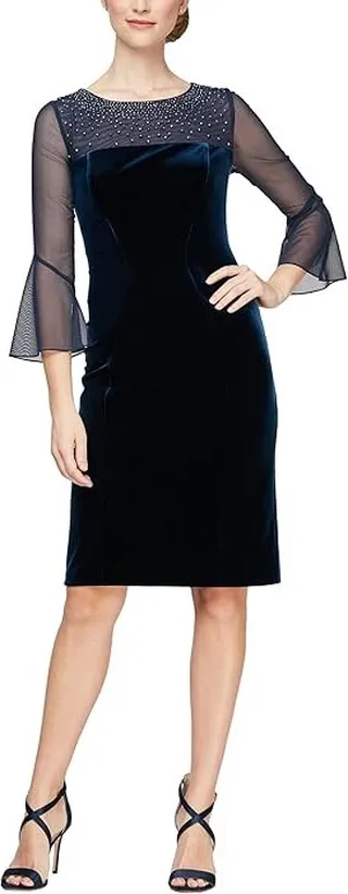 Alex Evenings Short Sheath Dress with Embellished Illusion Neckline and Bell Sleeves (Imperial) Women's Dress