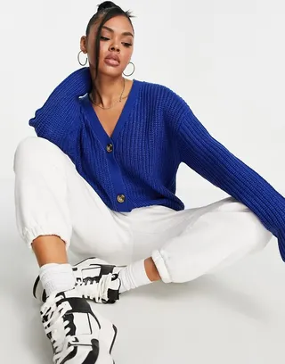 Brave Soul daisy fisherman knit cardigan in electric blue